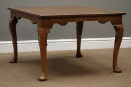 20th century figured walnut square coffee table, on scroll carved cabriole legs, 77cm x 77cm,
