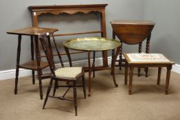 Eastern Benares table with tooled circular brass top (D69cm, H55cm), stained ash two tier stand,