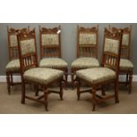 Set six Edwardian Arts & Crafts dining chairs, relief carved cresting rail,