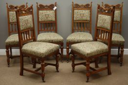 Set six Edwardian Arts & Crafts dining chairs, relief carved cresting rail,