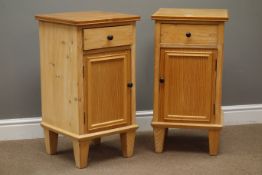 Pair pine bedside cabinets with single drawers and cupboards, W39cm, H74cm,