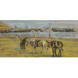 Donkeys on Scarborough Beach, 20th century pastel signed D A Cannon 19cm x 39cm and Bird on a Post,