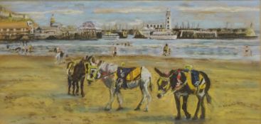 Donkeys on Scarborough Beach, 20th century pastel signed D A Cannon 19cm x 39cm and Bird on a Post,