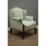 19th century mahogany wing back armchair, wide seat, upholstered sprung seat with loose cushion,