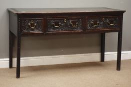 18th century oak side table with later carving, rectangular top above three drawers,