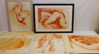 Female Nude Studies, thirteen sanguine on paper studies by Gerard Dureux (French 1940-2014)