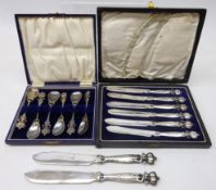 Set of six Victorian Arts and Crafts silver-plated dessert spoons & knives and pair fish knives,