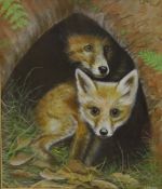 Foxes Peering out of a Stone Arch, watercolour signed and dated 1982 by S. P.