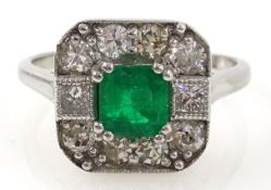 Art Deco style white gold emerald and diamond ring stamped 18ct Condition Report