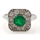 Art Deco style white gold emerald and diamond ring stamped 18ct Condition Report