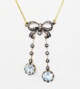 Diamond gold and silver-gilt bow necklace with seed pearl and topaz pendants necklace chain stamped