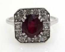 Art Deco style white gold ruby and diamond ring,