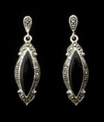 Pair of black onyx and marcasite silver pendant ear-rings stamped 925 Condition Report