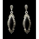 Pair of black onyx and marcasite silver pendant ear-rings stamped 925 Condition Report