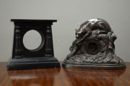 Early 20th century cast metal clock case, cast with panther on naturalistic base,