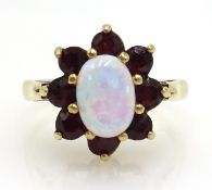 Gold opal and garnet cluster ring hallmarked 9ct Condition Report Size J, approx 2.