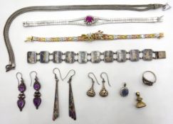 Silver stone set bracelet, tri-colour bracelet, opal triplet pendant, stone set ear-rings,
