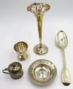 Silver dish, serving spoon, egg cup, mustard and posy vase weighted, approx 6.