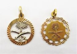 Two 18ct gold Saudi Arabia emblem pendants stamped 750 approx 4.