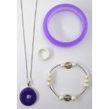 Lavender jade bangle, lavender jade silver pendant necklace stamped 925,