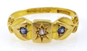 18ct gold three stone sapphire and diamond gold ring Birmingham 1916 Condition Report