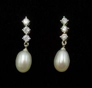 Pair of silver pearl and cubic zirconia pendant ear-rings stamped 925 Condition Report