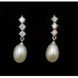 Pair of silver pearl and cubic zirconia pendant ear-rings stamped 925 Condition Report