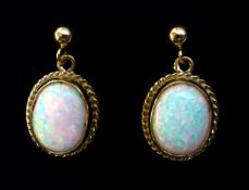 Pair of 9ct gold opal pendant ear-rings stamped 375 Condition Report Pendant length