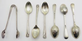 Set of six Edwardian silver picture back teaspoons and sugar tongs with deer, squirrel,