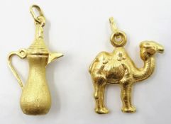 Two 18ct gold pendants - camel and dallah coffee pot stamped 750 approx 5.