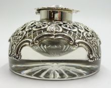 Silver mounted crystal inkwell, floral scroll decoration by William Comyns London 1905, diameter 9.