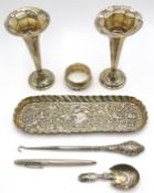 George III caddy spoon by John Bettridge 1817, Edwardian silver pin tray, pair posy vases,