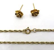 9ct gold rope twist necklace stamped 375 and a pair of 9ct gold rose stud ear-rings approx 10.