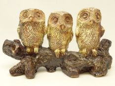 Peter Hough (British Contemporary) group of three barn owls perched on branch with carved