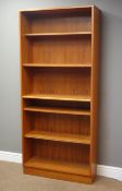 1970s teak open bookcase with four adjustable shelves, W82cm, H184cm,