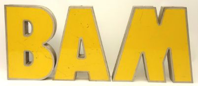 Three vintage aluminium shop display letters B A & M,