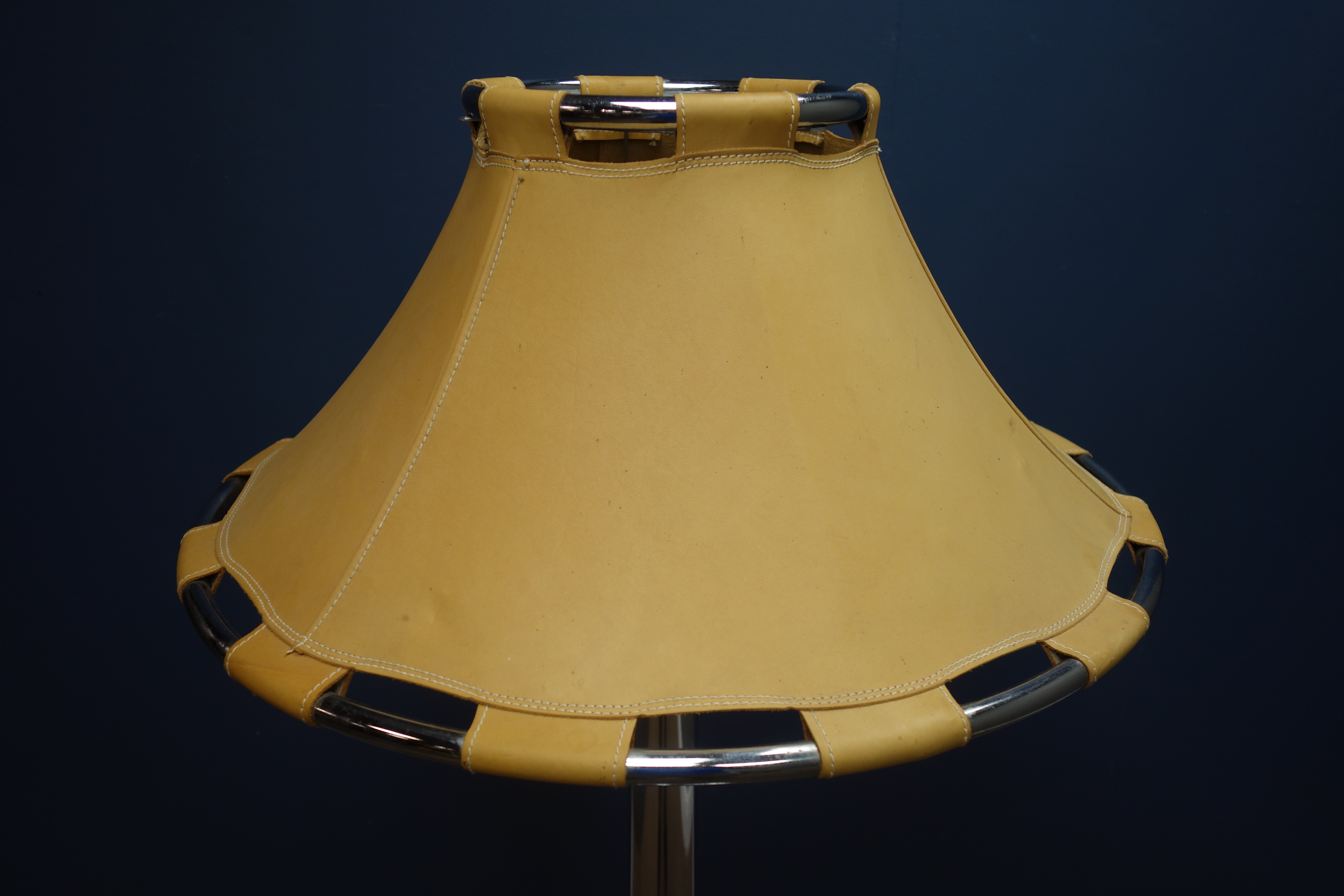 Anna Ehrner for Atelje Lyktan - 1980's chrome standard lamp with circular base and leather shade, - Image 2 of 3