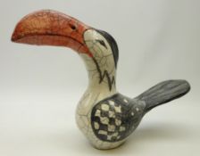 Jennie Hale (British Contemporary) raku fired model of a Hornbill, signed to base,