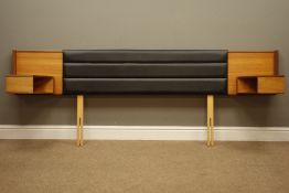 1970s retro teak 4' 6'' headboard with two hinged bedsides, upholstered in black,