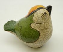 Jennie Hale (British Contemporary) raku fired model of a Gold Crest, signed to base,