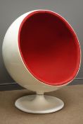 Eero Aarnio style ball chair, white finish fibreglass with red upholstery, circular swivel base,