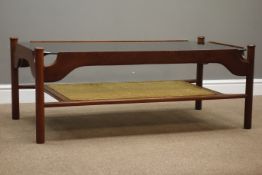 Mid 20th century teak coffee table, smoked glass top, cane work undertier, 121cm x 62cm,