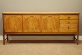 Mid 20th century 'Nathan' teak 'Circles' sideboard, three cupboards and three drawers, W184cm,