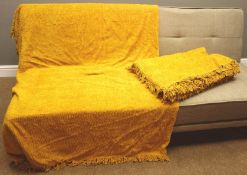 Two mustard yellow candlewick fringed king sized bedspreads,