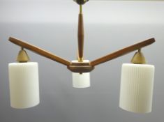 1960's three branch centre light fitting with opaque ribbed glass shades,