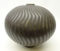 Ilona Sulikova, (Czech 1949-) raku fired matt black and iridescent black wave design vessel,