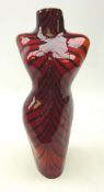1980's Murano glass sculptural vase in the form of a female torso with black and red tiger stripes,