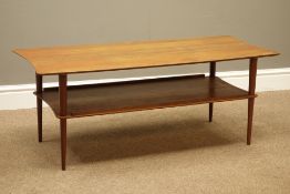 1960s teak two tier coffee table on tapering supports, 102cm x 46cm,