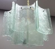 Textured & frosted ice glass chandelier, the glass panels supported by a circular glass frame,