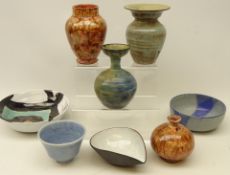 Group of Studio Pottery; Carol Wainwright glazed bowl, two drip glazed vases signed J.M.